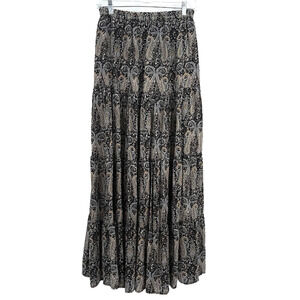 Tolani Womens Small Paisley Tiered Maxi Skirt Boho Elastic Waist Black Floral